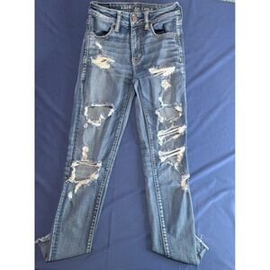 American Eagle Hi Rise Jegging Crop Jeans‎ Women Blue Ripped Super Stretch